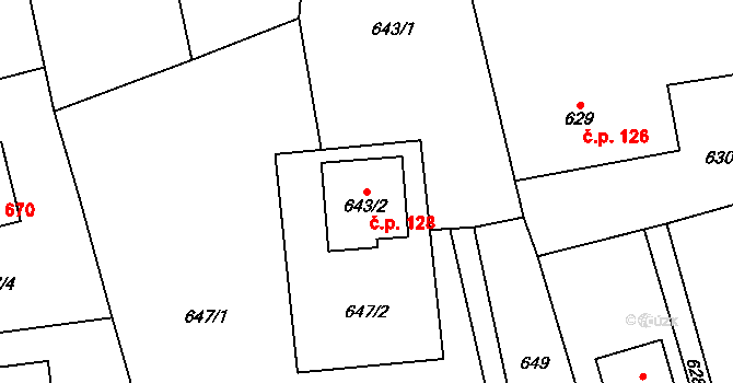 Staříč 128 na parcele st. 643/2 v KÚ Staříč, Katastrální mapa