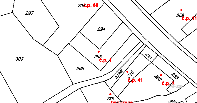 Žerotín 1 na parcele st. 293 v KÚ Žerotín, Katastrální mapa