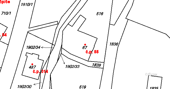 Chuchelna 55 na parcele st. 67 v KÚ Chuchelna, Katastrální mapa