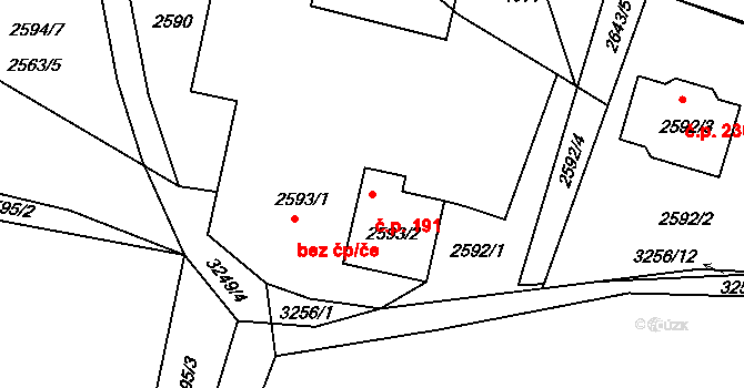 Lhota Samoty 191, Planá nad Lužnicí na parcele st. 2593/2 v KÚ Planá nad Lužnicí, Katastrální mapa