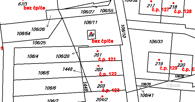 Žeretice 121 na parcele st. 201 v KÚ Žeretice, Katastrální mapa