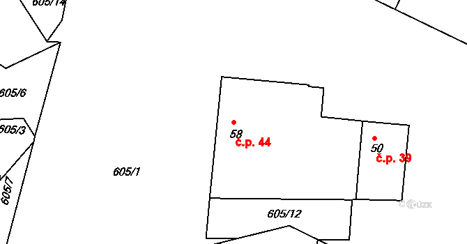 Menhartice 44 na parcele st. 58 v KÚ Menhartice, Katastrální mapa