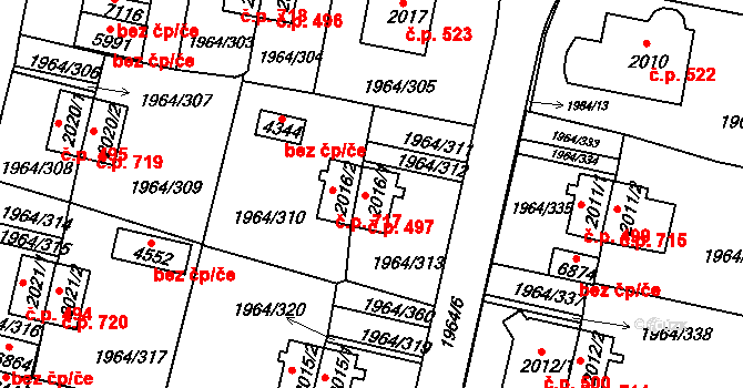 Borovina 497, Třebíč na parcele st. 2016/1 v KÚ Třebíč, Katastrální mapa