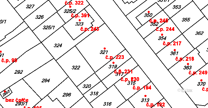 Medlánky 223, Brno na parcele st. 321 v KÚ Medlánky, Katastrální mapa