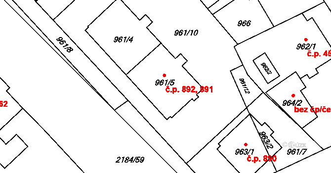 Uhříněves 891,892, Praha na parcele st. 961/5 v KÚ Uhříněves, Katastrální mapa