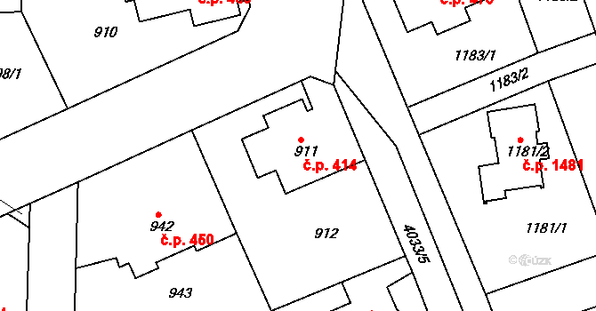 Modřany 414, Praha na parcele st. 911 v KÚ Modřany, Katastrální mapa
