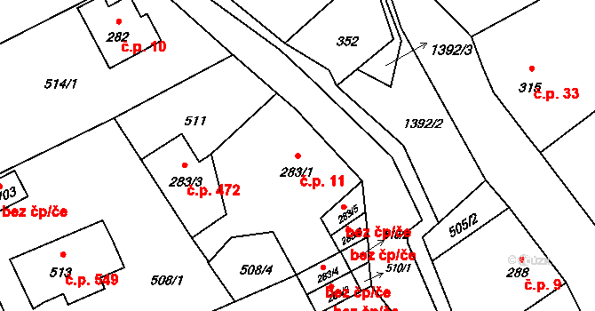 Chrastava 11 na parcele st. 283/1 v KÚ Chrastava I, Katastrální mapa