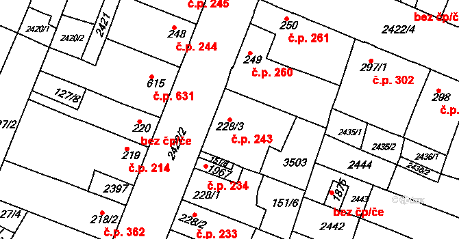 Rosice 243 na parcele st. 228/3 v KÚ Rosice u Brna, Katastrální mapa