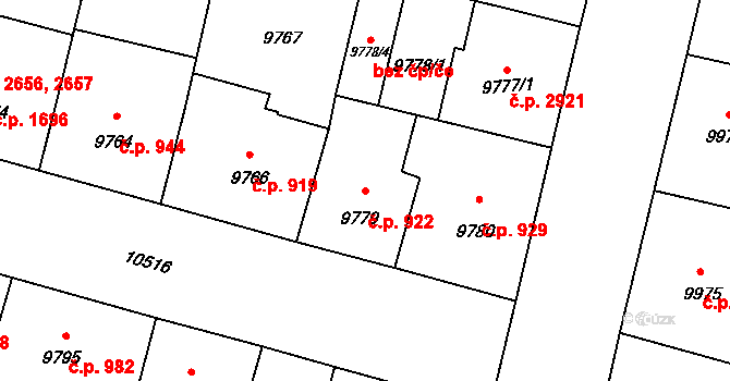 Jižní Předměstí 922, Plzeň na parcele st. 9779 v KÚ Plzeň, Katastrální mapa