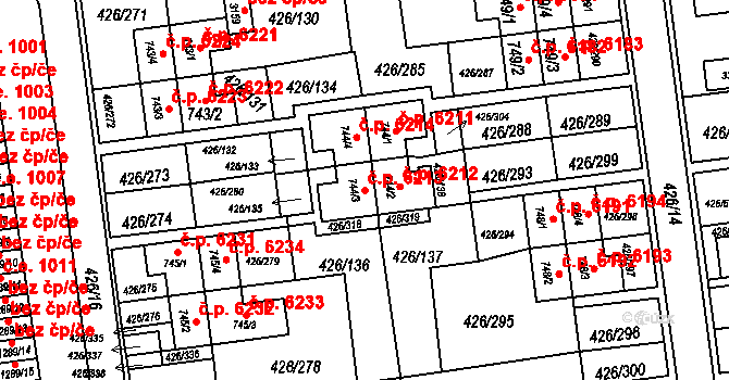 Otrokovice 6213 na parcele st. 744/3 v KÚ Otrokovice, Katastrální mapa