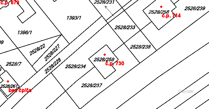 Jedovnice 730 na parcele st. 2528/259 v KÚ Jedovnice, Katastrální mapa