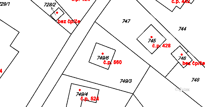 Komárov 560 na parcele st. 749/6 v KÚ Komárov u Hořovic, Katastrální mapa