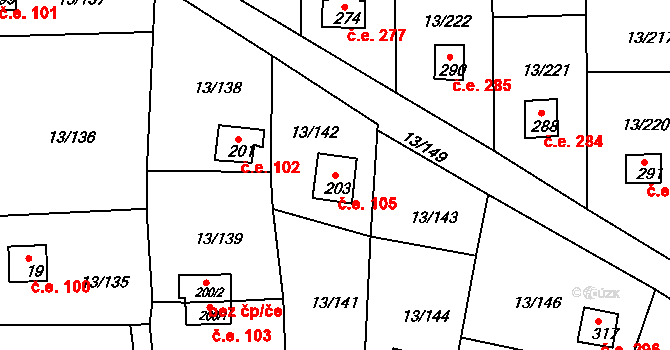 Mechová 105, Lipová na parcele st. 203 v KÚ Mechová, Katastrální mapa