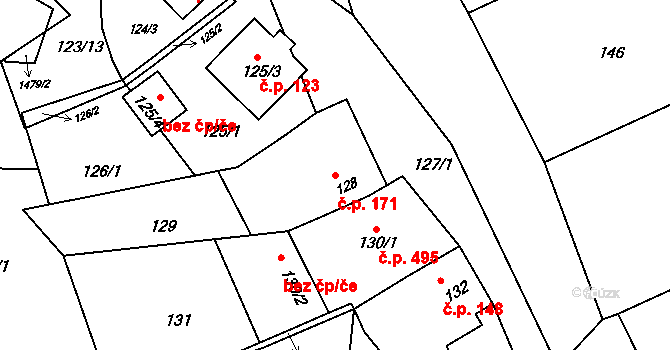Bošovice 171 na parcele st. 128 v KÚ Bošovice, Katastrální mapa