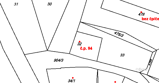 Havraň 94 na parcele st. 32 v KÚ Havraň, Katastrální mapa