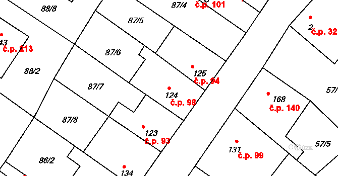 Jiřice 98, Kostelec nad Labem na parcele st. 124 v KÚ Jiřice u Kostelce nad Labem, Katastrální mapa
