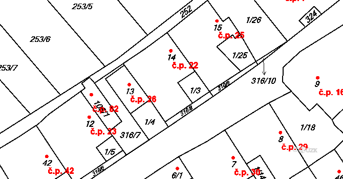 Housko 22, Vysočany na parcele st. 14 v KÚ Housko, Katastrální mapa