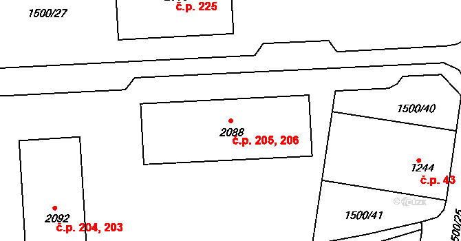 Nádražní Předměstí 205,206, Český Krumlov na parcele st. 2088 v KÚ Český Krumlov, Katastrální mapa