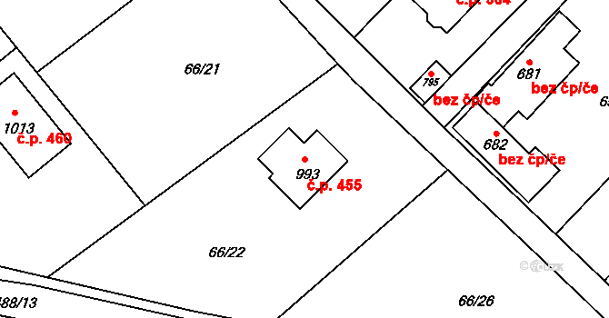 Senohraby 455 na parcele st. 993 v KÚ Senohraby, Katastrální mapa