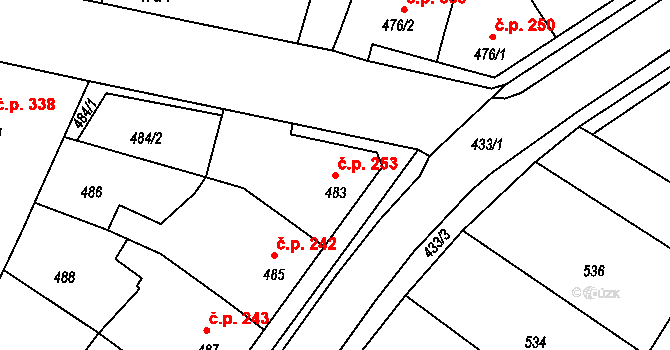 Týnec 253 na parcele st. 483 v KÚ Týnec na Moravě, Katastrální mapa