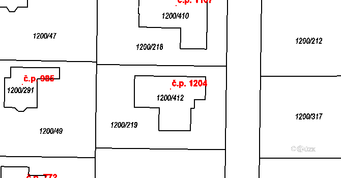 Vejprnice 1204 na parcele st. 1200/412 v KÚ Vejprnice, Katastrální mapa