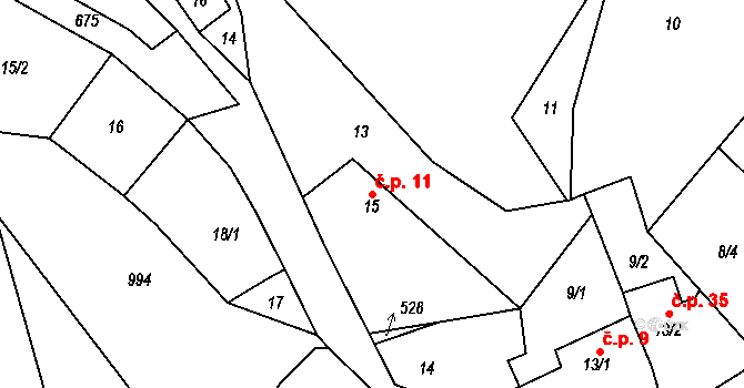 Tupec 11, Veselíčko na parcele st. 15 v KÚ Tupec, Katastrální mapa