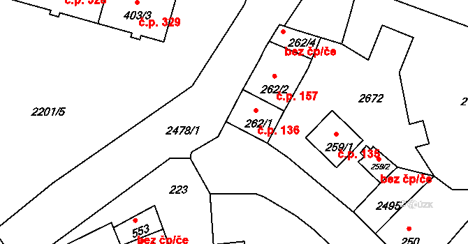 Hroznětín 136 na parcele st. 262/1 v KÚ Hroznětín, Katastrální mapa