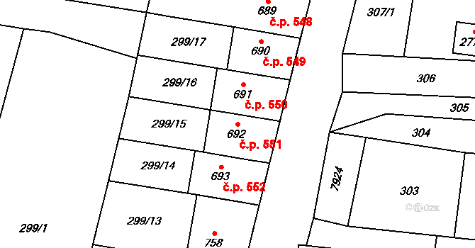 Dambořice 551 na parcele st. 692 v KÚ Dambořice, Katastrální mapa