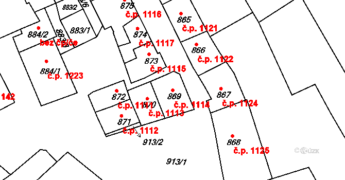 Rousínov 1114 na parcele st. 869 v KÚ Rousínov u Vyškova, Katastrální mapa