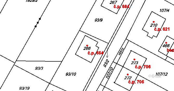 Chvalčov 654 na parcele st. 266 v KÚ Chvalčova Lhota, Katastrální mapa