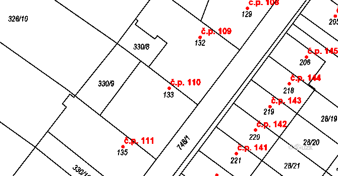Střelice 110, Uničov na parcele st. 133 v KÚ Střelice u Litovle, Katastrální mapa