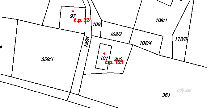 Krompach 121 na parcele st. 101 v KÚ Krompach, Katastrální mapa