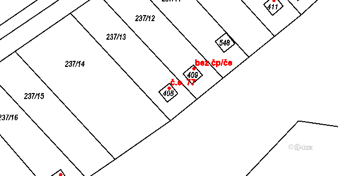 Horní Beřkovice 77 na parcele st. 408 v KÚ Horní Beřkovice, Katastrální mapa