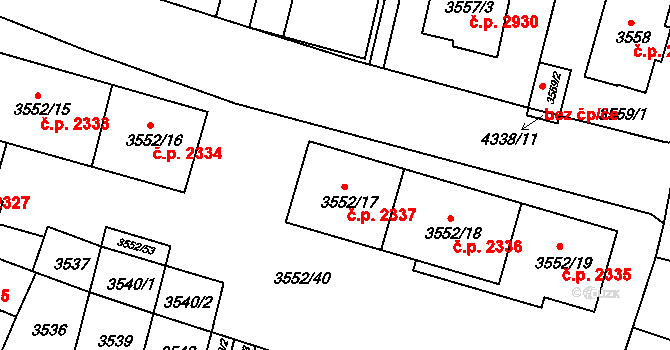 Teplice 2337 na parcele st. 3552/17 v KÚ Teplice, Katastrální mapa