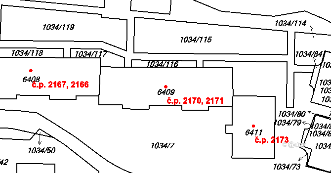 Cheb 2170,2171 na parcele st. 6409 v KÚ Cheb, Katastrální mapa