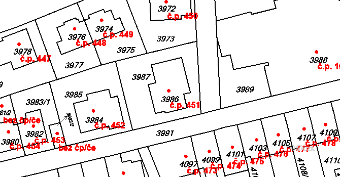 Záběhlice 451, Praha na parcele st. 3986 v KÚ Záběhlice, Katastrální mapa