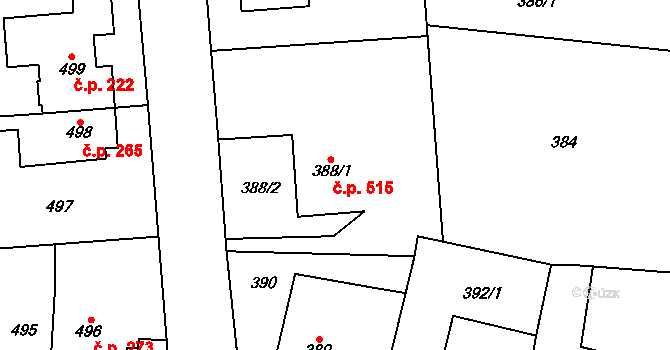 Nebušice 515, Praha na parcele st. 388/1 v KÚ Nebušice, Katastrální mapa