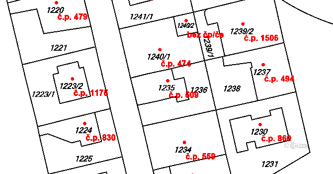 Kyje 509, Praha na parcele st. 1235 v KÚ Kyje, Katastrální mapa