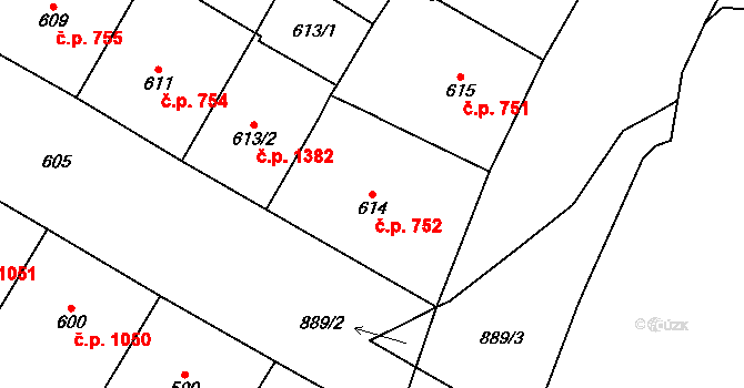 Vršovice 752, Praha na parcele st. 614 v KÚ Vršovice, Katastrální mapa