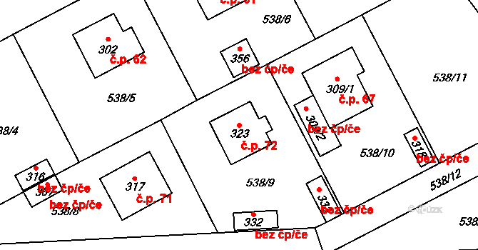 Tihava 72, Kotopeky na parcele st. 323 v KÚ Kotopeky, Katastrální mapa