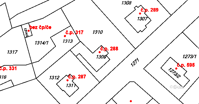 Liberec XI-Růžodol I 288, Liberec na parcele st. 1309 v KÚ Růžodol I, Katastrální mapa