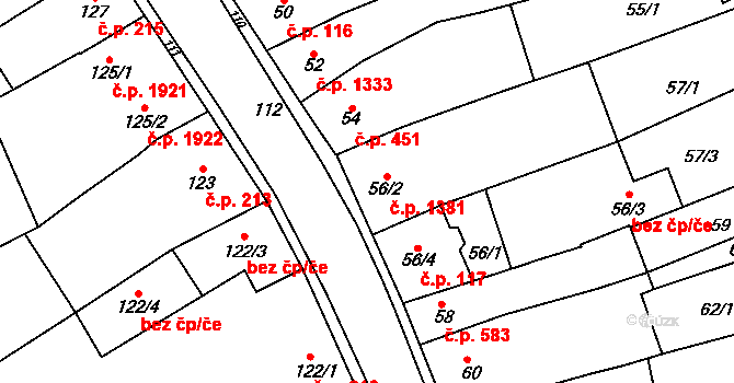 Šlapanice 1381 na parcele st. 56/2 v KÚ Šlapanice u Brna, Katastrální mapa