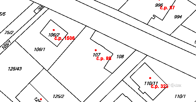 Ráj 88, Karviná na parcele st. 107 v KÚ Ráj, Katastrální mapa