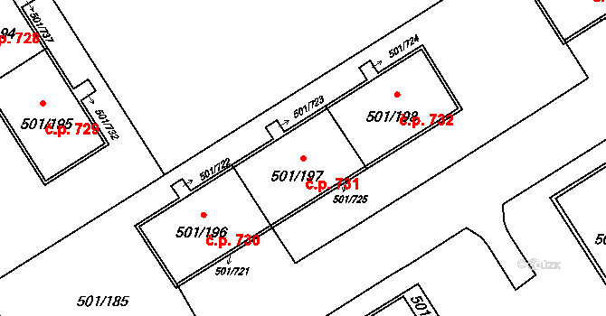 Ráj 731, Karviná na parcele st. 501/197 v KÚ Ráj, Katastrální mapa