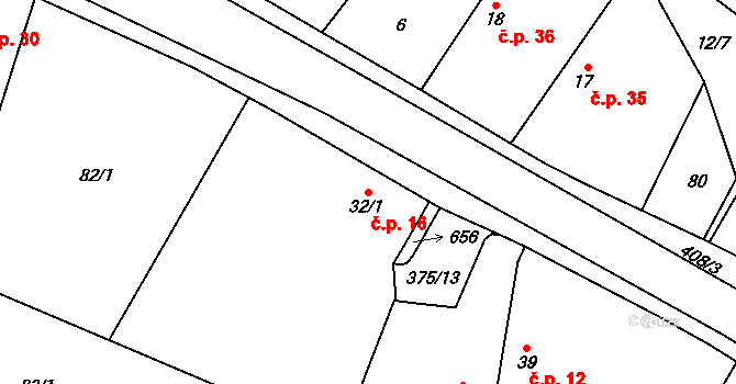 Polní Chrčice 16 na parcele st. 32/1 v KÚ Polní Chrčice, Katastrální mapa