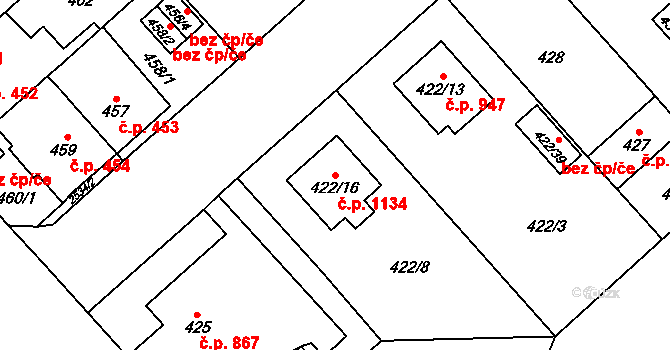 Doubravka 1134, Plzeň na parcele st. 422/16 v KÚ Doubravka, Katastrální mapa