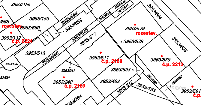 Řečkovice 2158, Brno na parcele st. 3953/511 v KÚ Řečkovice, Katastrální mapa
