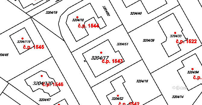 Kuřim 1543 na parcele st. 3204/17 v KÚ Kuřim, Katastrální mapa
