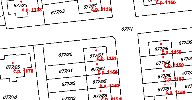 Černice 1151, Plzeň na parcele st. 677/63 v KÚ Bručná, Katastrální mapa