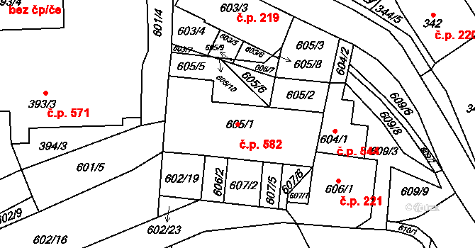 Všenory 582 na parcele st. 605/1 v KÚ Všenory, Katastrální mapa